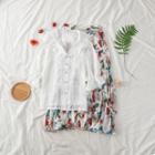 Ruffle Collar Dobby Blouse / Printed Midi Skirt