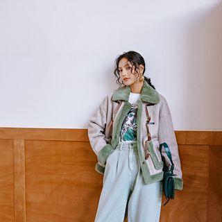 Faux Shearling Lined Striped Toggle Jacket