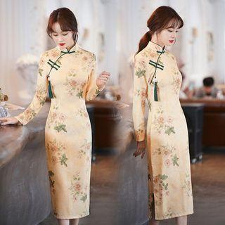 Long-sleeve Floral Print Slit Midi Qipao Dress