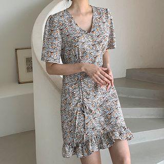 Drawstring Frilled Floral Dress Mint Green - One Size