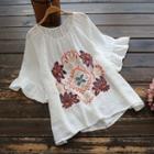 Elbow-sleeve Floral Embroidered Blouse