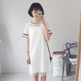 Short-sleeve Contrast Stripe Tulle Dress With Tank Dress