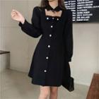 Cutout Button Long-sleeve Mini A-line Dress