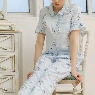 Loungewear Set: Flower Print Short-sleeve Top + Pants