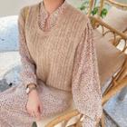 Long-sleeve Printed Midi A-line Dress / Knit Vest / Set