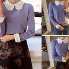 Lace-collar Contrast-sleeve Knit Top Purple - One Size
