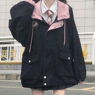Bear Applique Hooded Two-tone Jacket