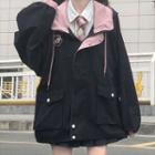 Bear Applique Hooded Two-tone Jacket