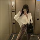 Plain Crewneck Long-sleeve Top / High-waist Leopard Wide-leg Pants