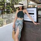 Set: Tankini Top + Leaf Print Bottom + Cover-up Skirt