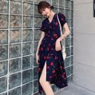 Short Sleeve V-neck Cherry Print Chiffon Wrapped Dress