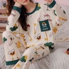 Loungewear Set : Long-sleeve Giraffe Print Top + Pants