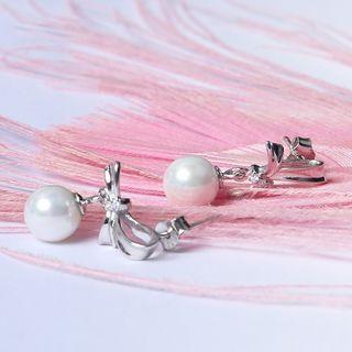 925 Sterling Silver Bow Faux Pearl Dangle Earring 1 Pair - Silver - One Size