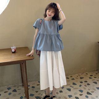 Short-sleeve Bow-accent Blouse / Midi A-line Skirt