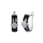 Sterling Silver Elegant Four-leafed Clover Black Ceramic Stud Earrings With Cubic Zircon Silver - One Size