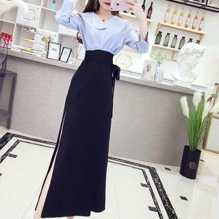 Set: Contrast Trim Blouse + Slit Midi Skirt