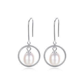 Sterling Silver Fashion Simple Geometric Circle White Freshwater Pearl Earrings Silver - One Size