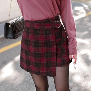 Belted Plaid Mini Skort Wine Red - One Size