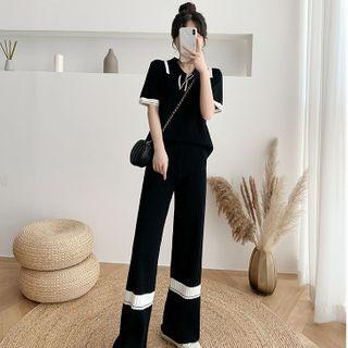 Set: Short-sleeve Polo Knit Top + Wide-leg Pants