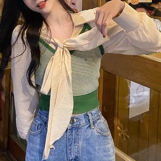 Long-sleeve Collared Bow Lace-up Shirt / Sleeveless Striped Knit Camisole