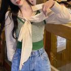 Long-sleeve Collared Bow Lace-up Shirt / Sleeveless Striped Knit Camisole