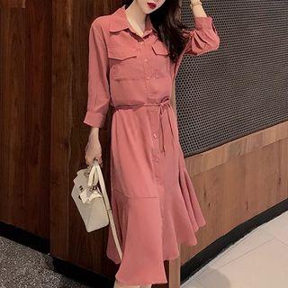 3/4-sleeve Ruffle Hem Single-breasted Midi Dress