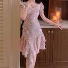 Floral Lace Short-sleeve Irregular Hem A-line Dress