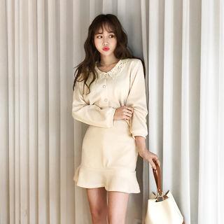 Set: Crochet-collar Cardigan + Frill-hem Mini Skirt