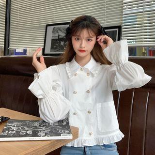 Double-breasted Ruffle Trim Blouse