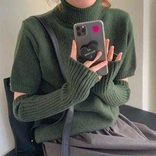High-neck Short-sleeve Knit Sweater ( With Hand Sleeve )
