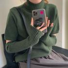 High-neck Short-sleeve Knit Sweater ( With Hand Sleeve )