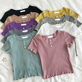 Plain Crewneck Short-sleeve Rib-knit Top