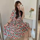 Puff-sleeve Floral Pleated Dress As Shown In Figure - One Size