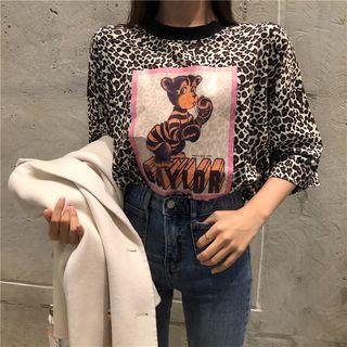 Elbow-sleeve Leopard Print T-shirt / Open-front Blazer