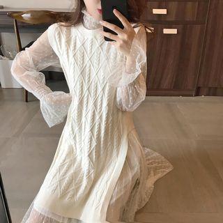 Dotted Mesh Dress / Cable-knit Vest