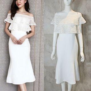 Short-sleeve Off Shoulder Lace Panel Mermaid Midi Dress