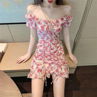 Off-shoulder Floral Print Drawstring A-line Dress