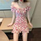 Off-shoulder Floral Print Drawstring A-line Dress