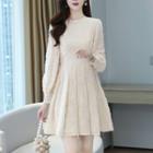 Long-sleeve Faux Pearl Trim Lace Mini A-line Dress