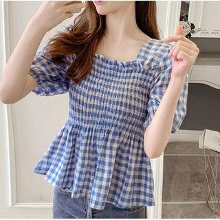 Short-sleeve Plaid Square-neck Top