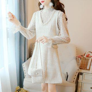 Set: Long-sleeve Lace Top + Sleeveless Beaded Dress
