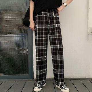 Band-waist Plaid Straight-cut Pants Black - One Size