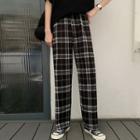 Band-waist Plaid Straight-cut Pants Black - One Size