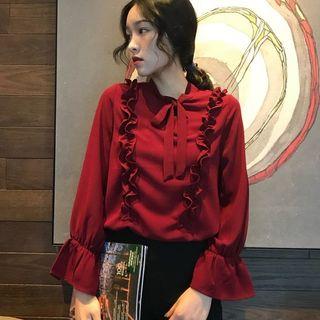 Ruffle Trim Blouse Wine Red - One Size