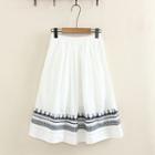 Embroidered Band-waist Midi A-line Skirt White - One Size
