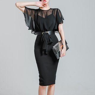 Mock Two-piece Short-sleeve Chiffon Panel Bodycon Dress