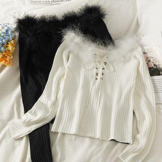 Boatneck Furry-neckline Lace-up Knit Top