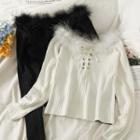 Boatneck Furry-neckline Lace-up Knit Top