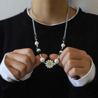 Couple Matching Flower Beaded Chain Necklace Silver - One Size