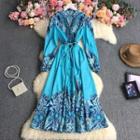 Floral Tie-waist Maxi A-line Dress Blue - One Size